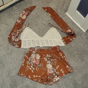 SHEIN 2 Piece Crochet Tie Back Top and Shorts Set, Medium